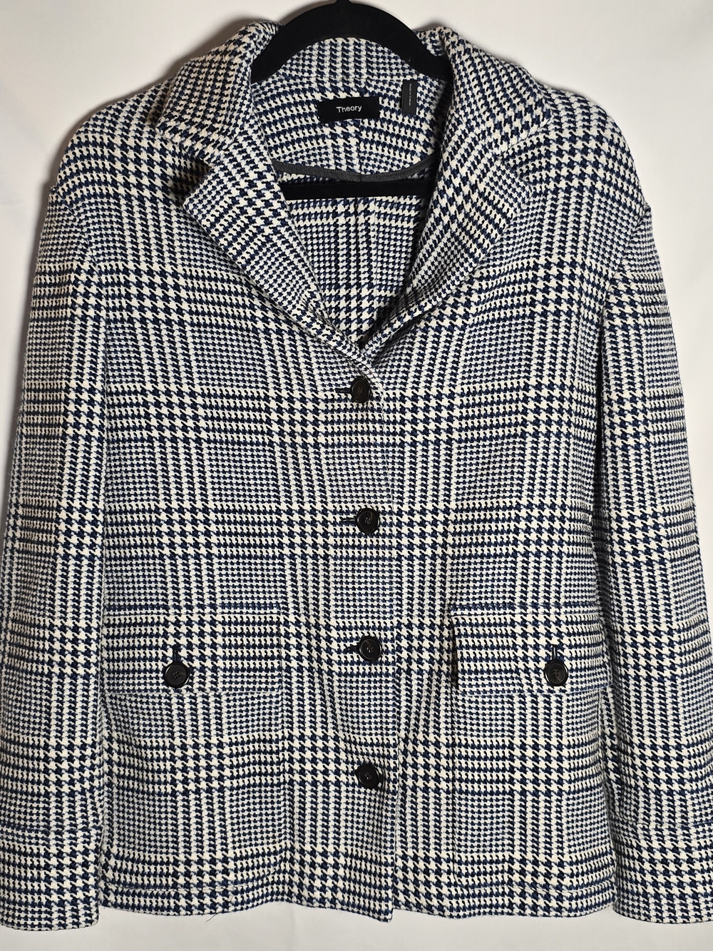Theory Women’s Navy Black & White Glen Plaid Jacket Blazer Houndstooth Work, S